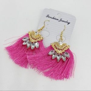 Hot Pink Tassel & Rhinestone Earrings